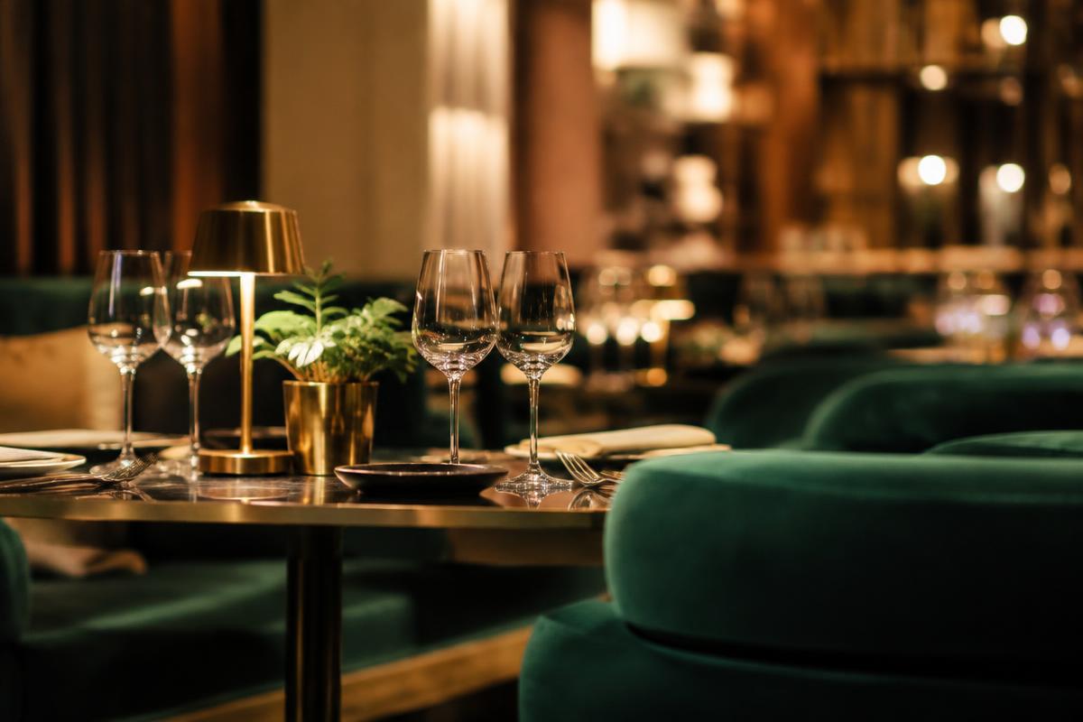 Dekket restaurantbord med vinglass